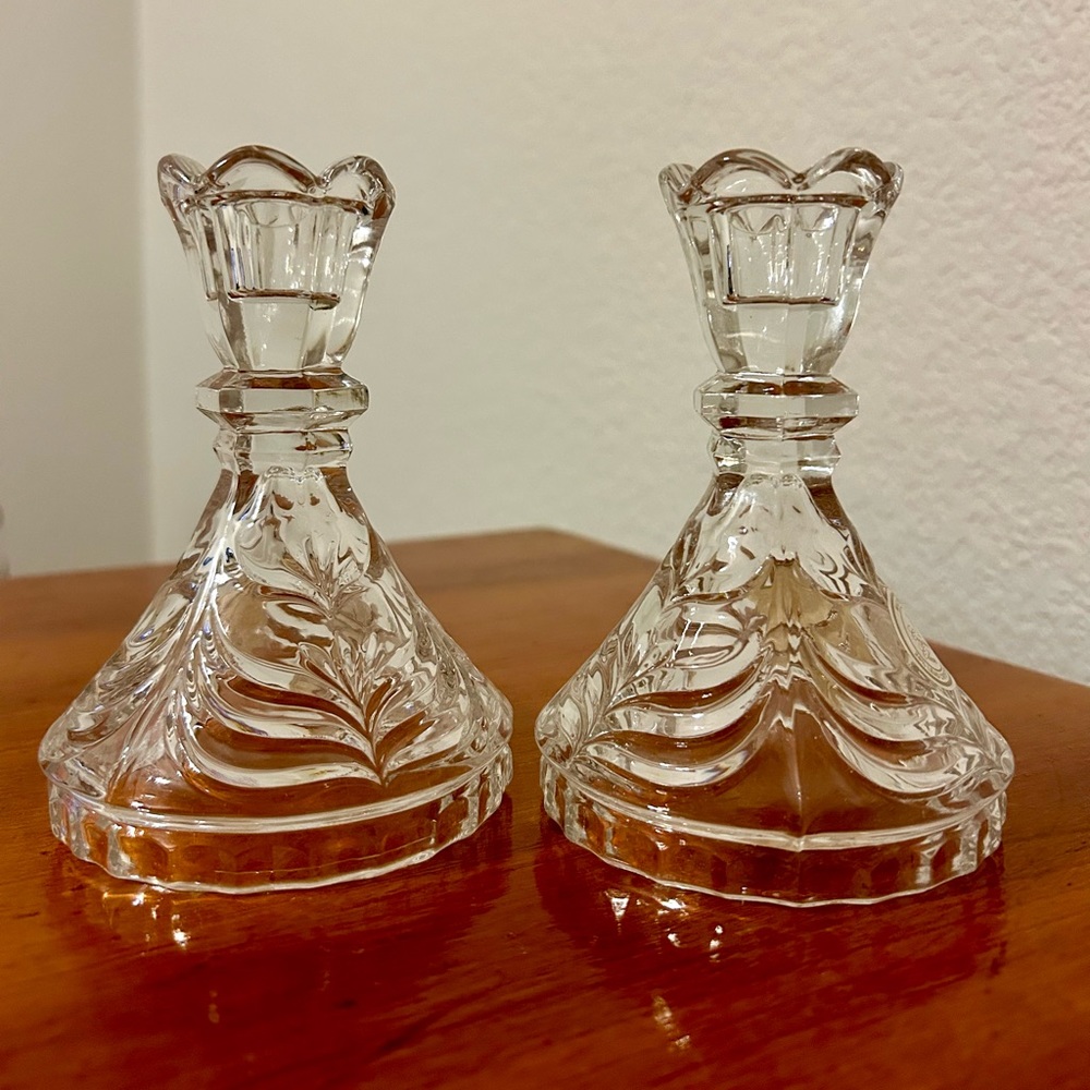 PAIR OF ANNA HUTTE CRYSTAL CLEAR 24% LEAD CRYSTAL CANDLESTICKS WEST GERMANY.NWOT